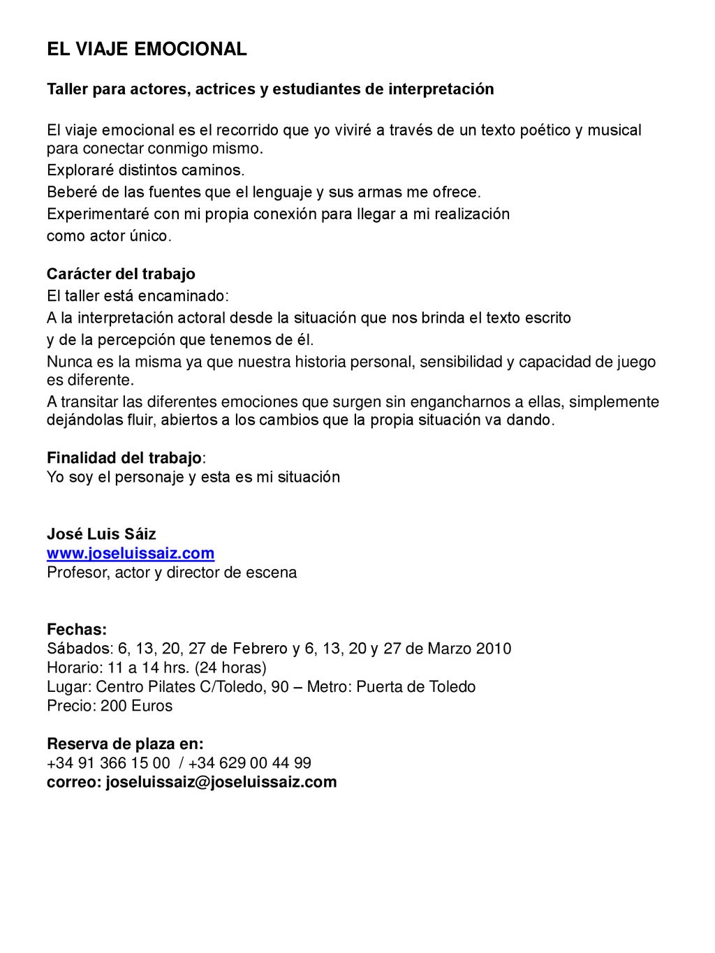 EL VIAJE EMOCIONAL Taller para actores, actrices y estudiantes de interpretación.