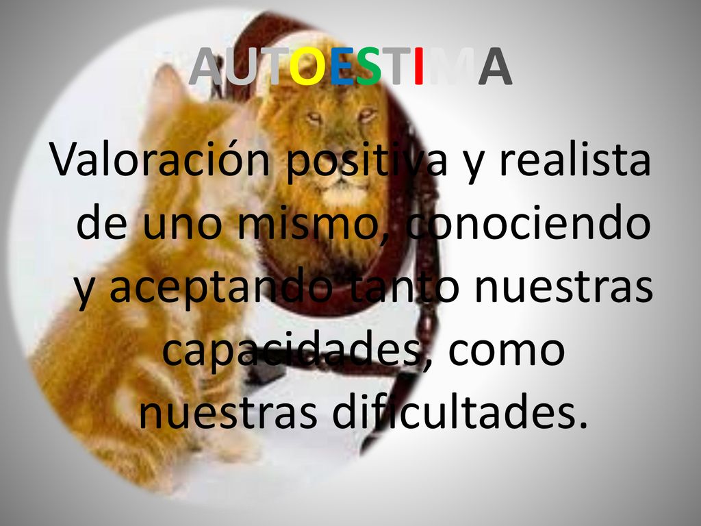 AUTOESTIMA Valoración positiva y realista de uno mismo, conociendo y aceptando tanto nuestras capacidades, como nuestras dificultades.