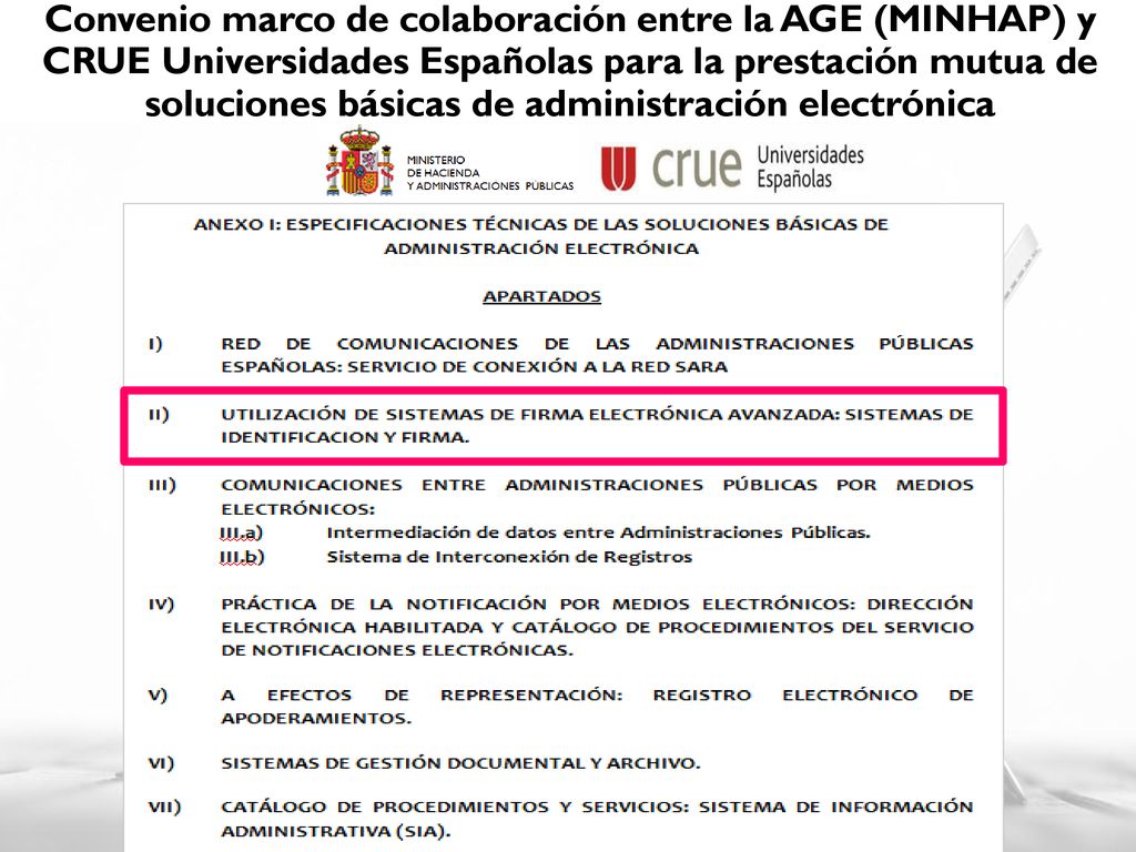 Convenio marco de colaboración entre la AGE (MINHAP) y CRUE Universidades Españolas para la prestación mutua de soluciones básicas de administración electrónica