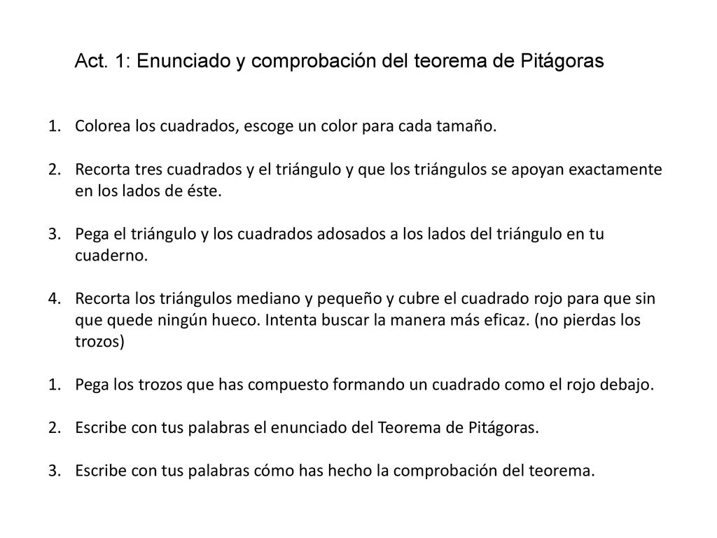 Act. 1: Enunciado y comprobación del teorema de Pitágoras