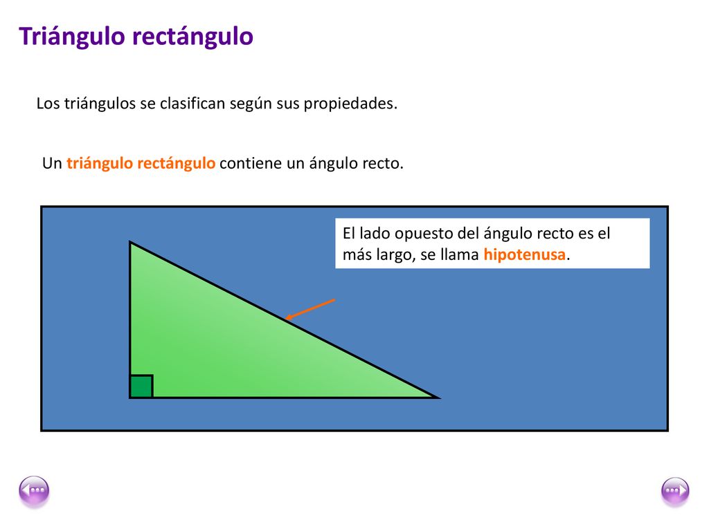 Triángulo rectángulo Los triángulos se clasifican según sus propiedades. Un triángulo rectángulo contiene un ángulo recto.