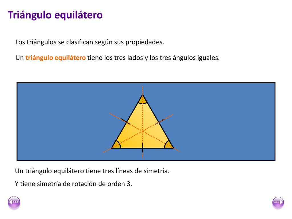 Triángulo equilátero Los triángulos se clasifican según sus propiedades. Un triángulo equilátero tiene los tres lados y los tres ángulos iguales.