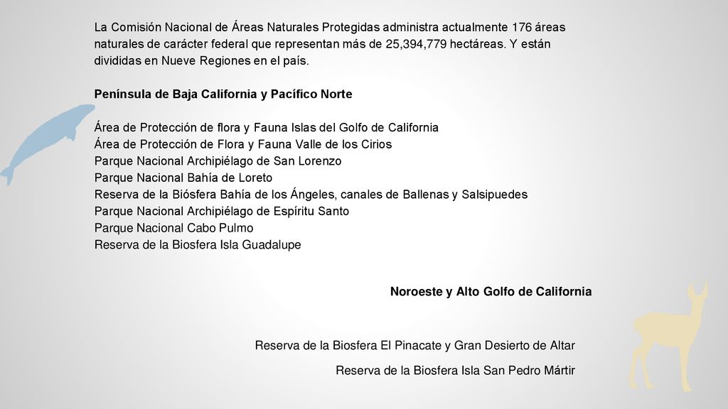 La Comisión Nacional de Áreas Naturales Protegidas administra actualmente 176 áreas naturales de carácter federal que representan más de 25,394,779 hectáreas. Y están divididas en Nueve Regiones en el país.