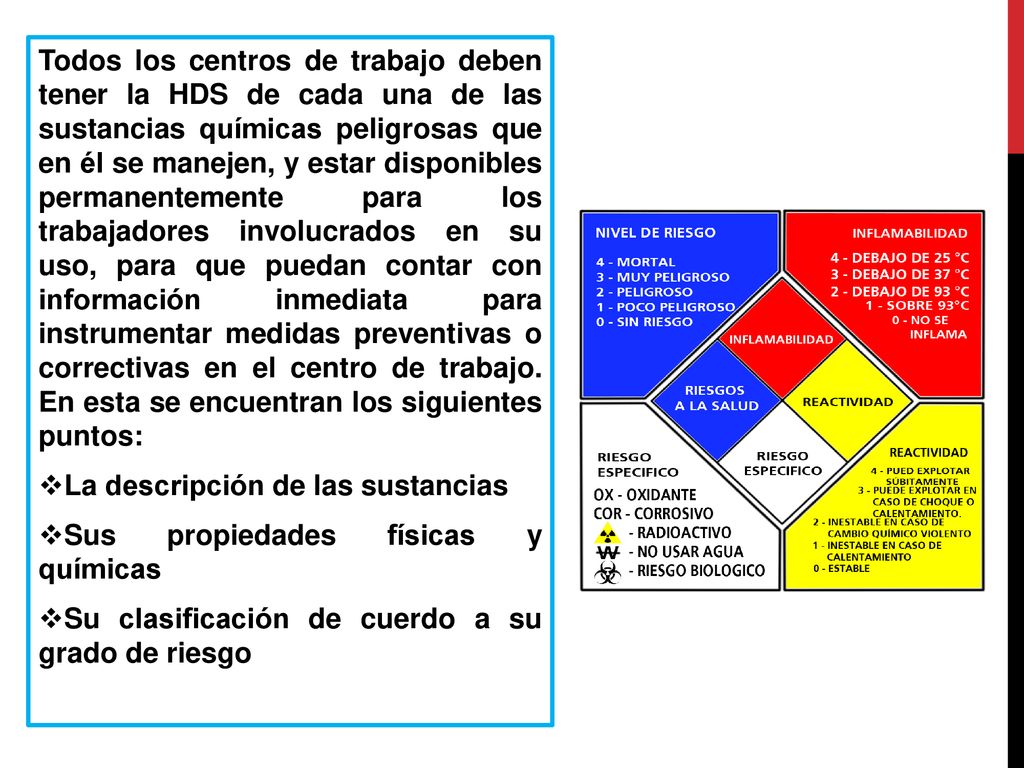Todos los centros de trabajo deben tener la HDS de cada una de las sustancias químicas peligrosas que en él se manejen, y estar disponibles permanentemente para los trabajadores involucrados en su uso, para que puedan contar con información inmediata para instrumentar medidas preventivas o correctivas en el centro de trabajo. En esta se encuentran los siguientes puntos:
