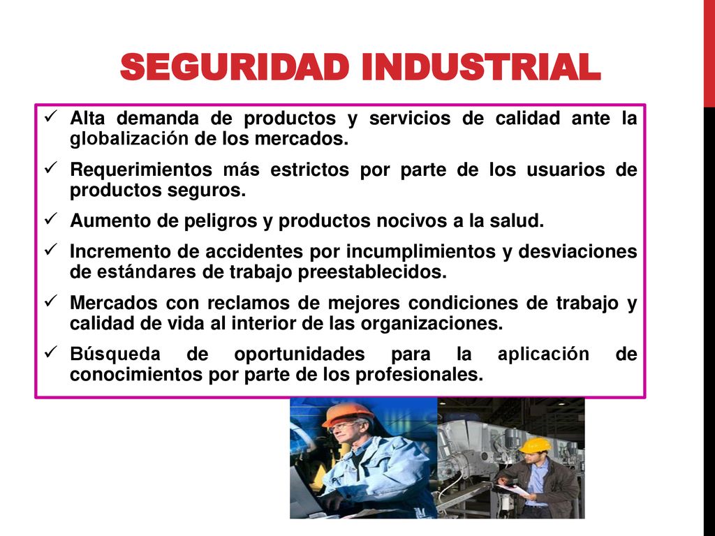 SEGURIDAD INDUSTRIAL Alta demanda de productos y servicios de calidad ante la globalización de los mercados.