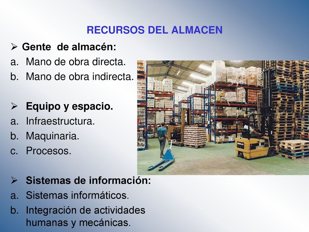 RECURSOS DEL ALMACEN Gente de almacén: Mano de obra directa. Mano de obra indirecta. Equipo y espacio.