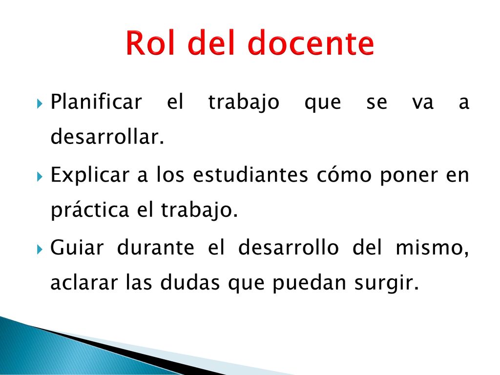 Rol del docente Planificar el trabajo que se va a desarrollar.