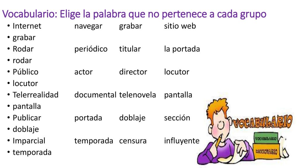 Vocabulario: Elige la palabra que no pertenece a cada grupo