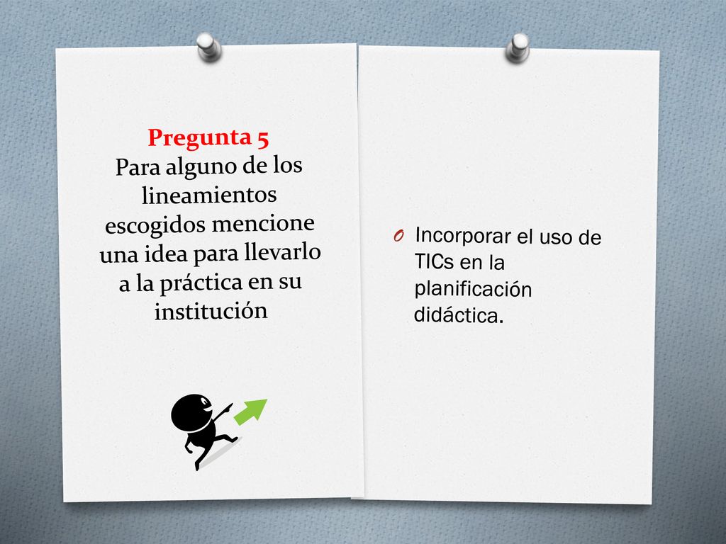 Pregunta 5 Para alguno de los lineamientos escogidos mencione una idea para llevarlo a la práctica en su institución