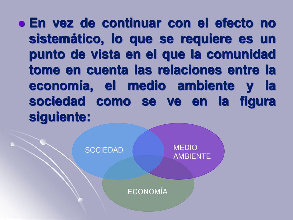 En vez de continuar con el efecto no sistemático, lo que se requiere es un punto de vista en el que la comunidad tome en cuenta las relaciones entre la economía, el medio ambiente y la sociedad como se ve en la figura siguiente: