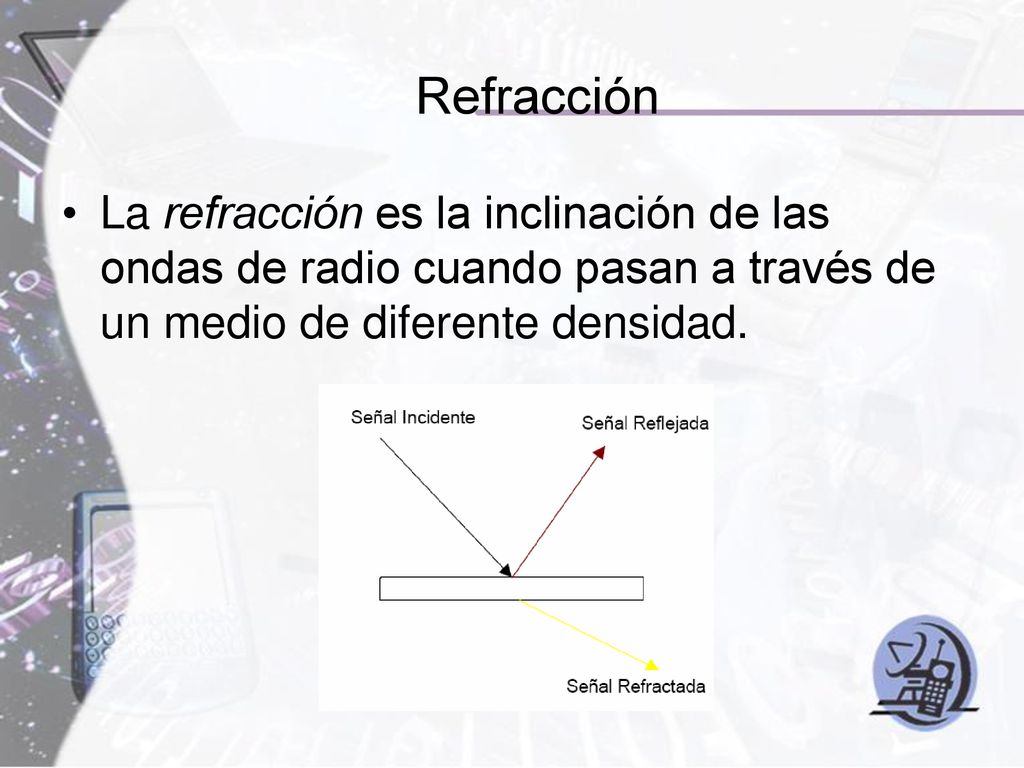 Refracción La refracción es la inclinación de las ondas de radio cuando pasan a través de un medio de diferente densidad.