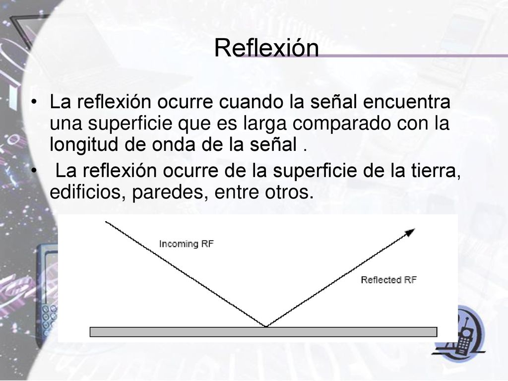 Reflexión La reflexión ocurre cuando la señal encuentra una superficie que es larga comparado con la longitud de onda de la señal .