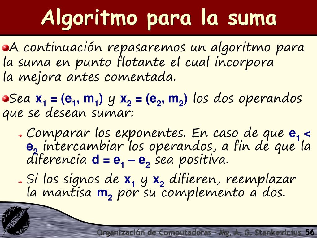 Algoritmo para la suma A continuación repasaremos un algoritmo para la suma en punto flotante el cual incorpora la mejora antes comentada.