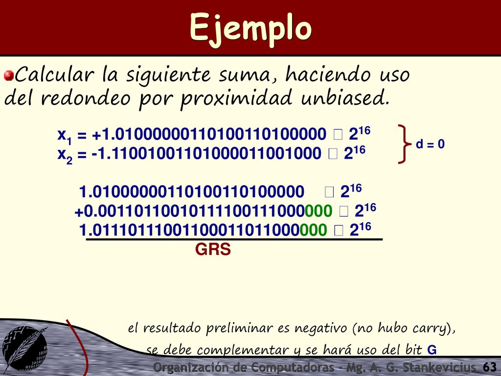 Ejemplo Calcular la siguiente suma, haciendo uso del redondeo por proximidad unbiased. x1 =  216.