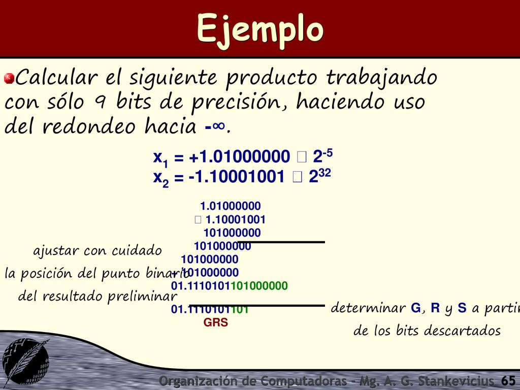 Ejemplo Calcular el siguiente producto trabajando con sólo 9 bits de precisión, haciendo uso del redondeo hacia -∞.