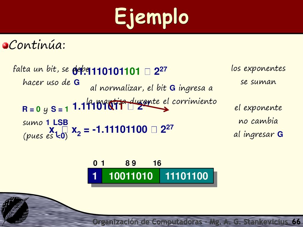 Ejemplo Continúa: falta un bit, se debe. hacer uso de G. los exponentes se suman  227.