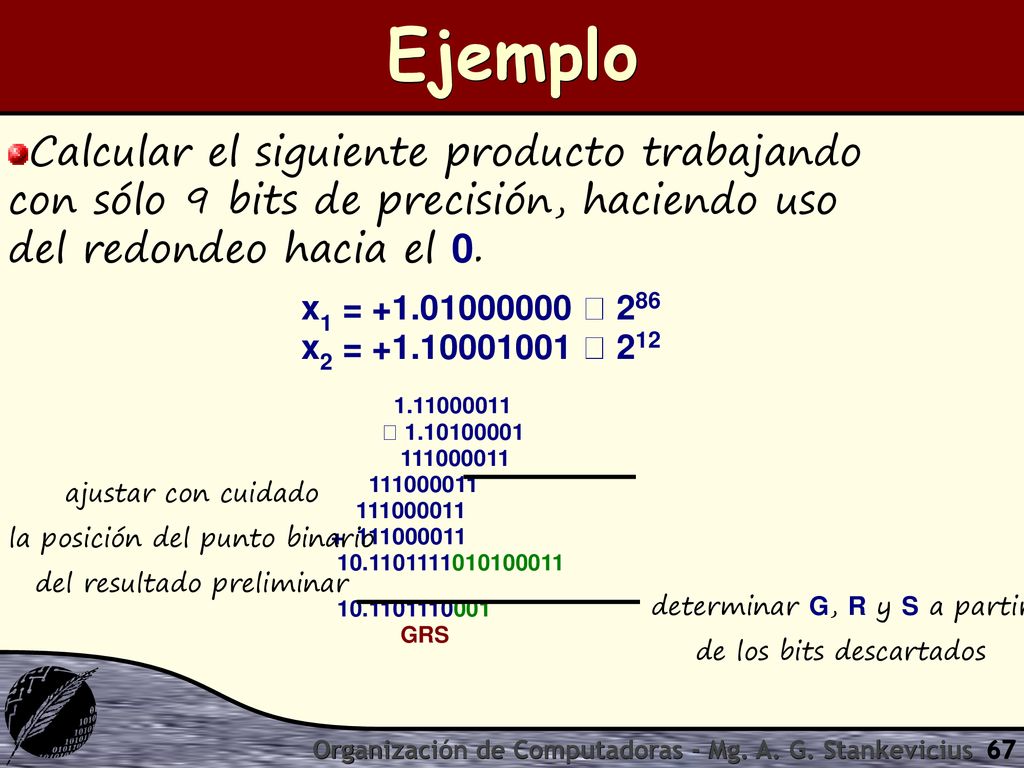 Ejemplo Calcular el siguiente producto trabajando con sólo 9 bits de precisión, haciendo uso del redondeo hacia el 0.