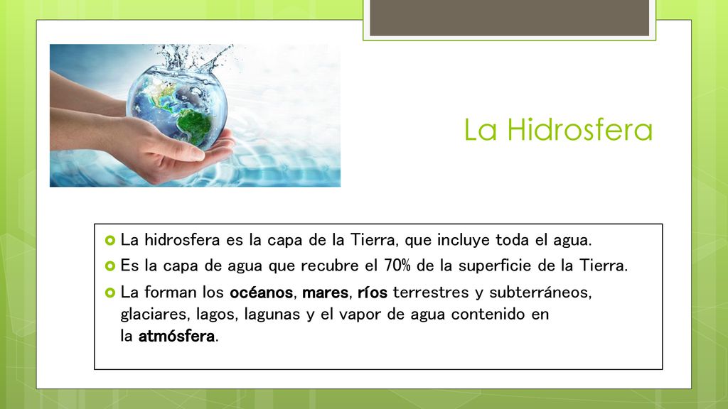 La Hidrosfera La hidrosfera es la capa de la Tierra, que incluye toda el agua. Es la capa de agua que recubre el 70% de la superficie de la Tierra.