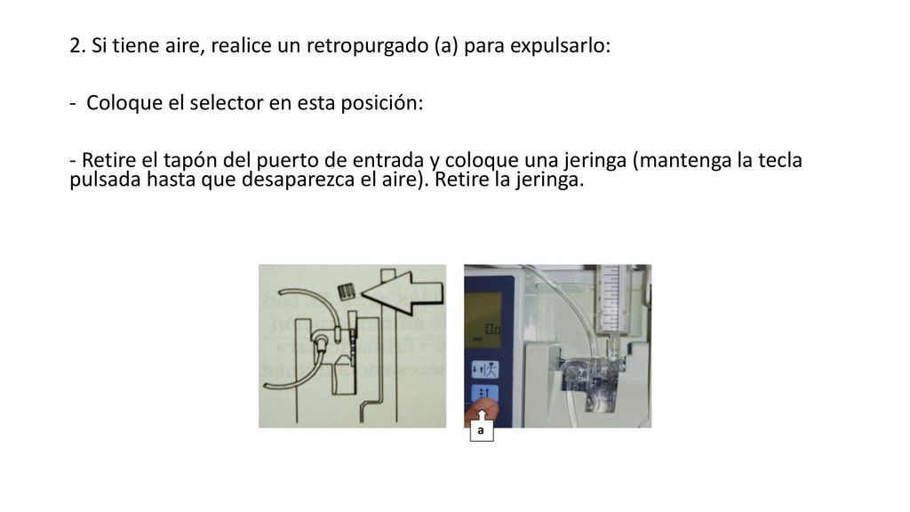 2. Si tiene aire, realice un retropurgado (a) para expulsarlo: