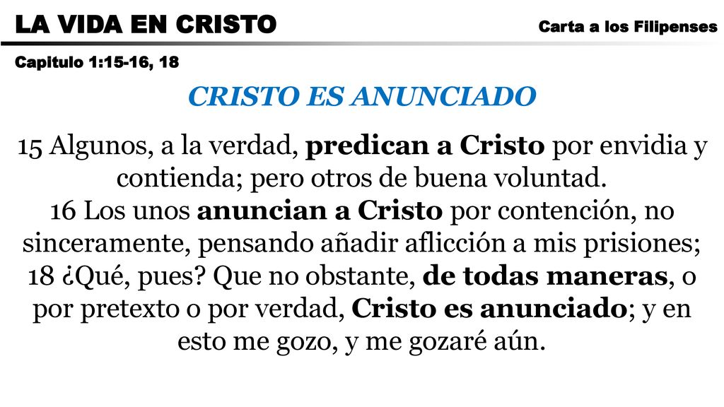 CARTA A LOS ROMANOS LA VIDA EN CRISTO. Carta a los Filipenses. Capitulo 1:15-16, 18. CRISTO ES ANUNCIADO.
