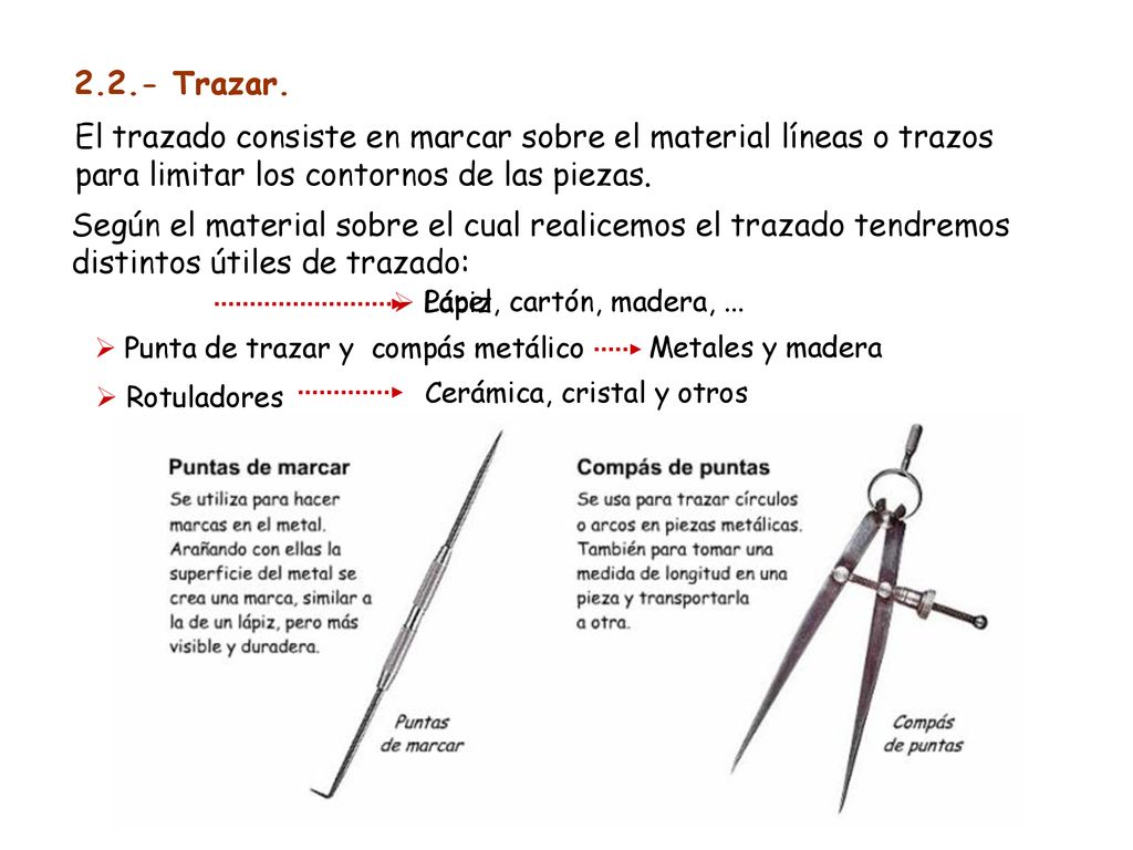 2.2.- Trazar. El trazado consiste en marcar sobre el material líneas o trazos para limitar los contornos de las piezas.