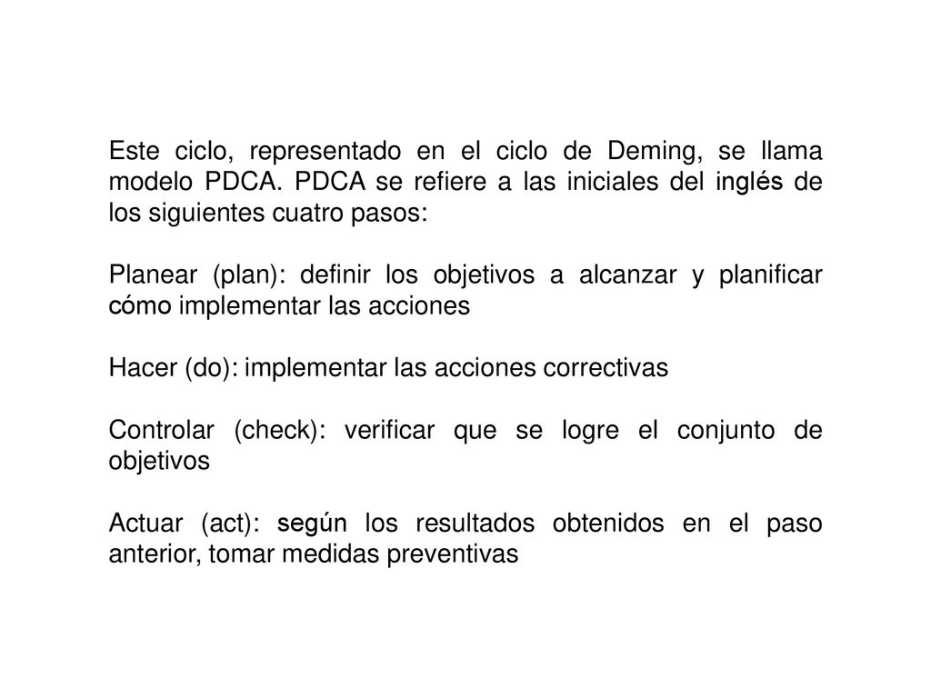 Este ciclo, representado en el ciclo de Deming, se llama modelo PDCA
