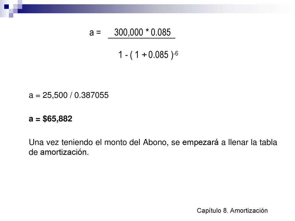 a = 25,500 / a = $65,882. Una vez teniendo el monto del Abono, se empezará a llenar la tabla de amortización.