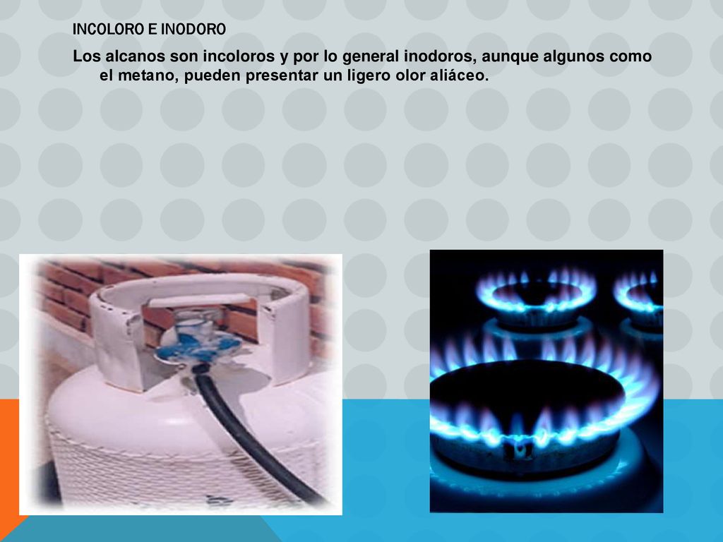 INCOLORO E INODORO Los alcanos son incoloros y por lo general inodoros, aunque algunos como el metano, pueden presentar un ligero olor aliáceo.
