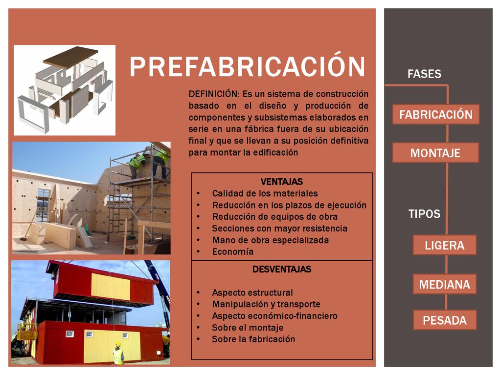 prefabricación FASES FABRICACIÓN MONTAJE TIPOS LIGERA MEDIANA PESADA