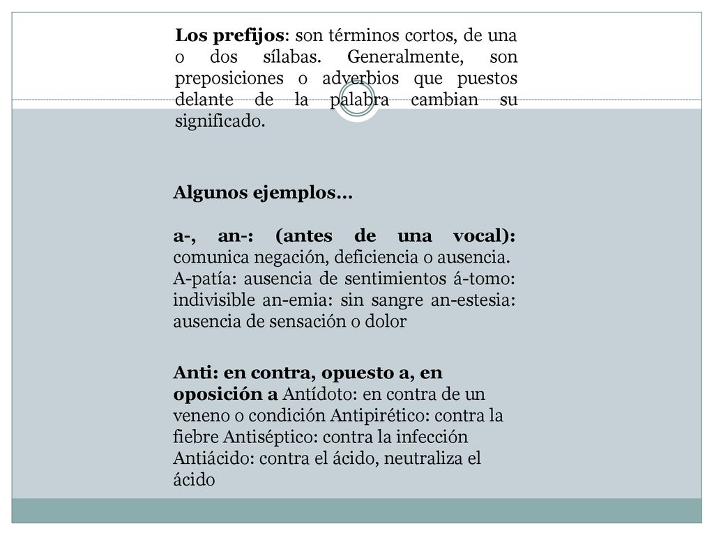 Los prefijos: son términos cortos, de una o dos sílabas