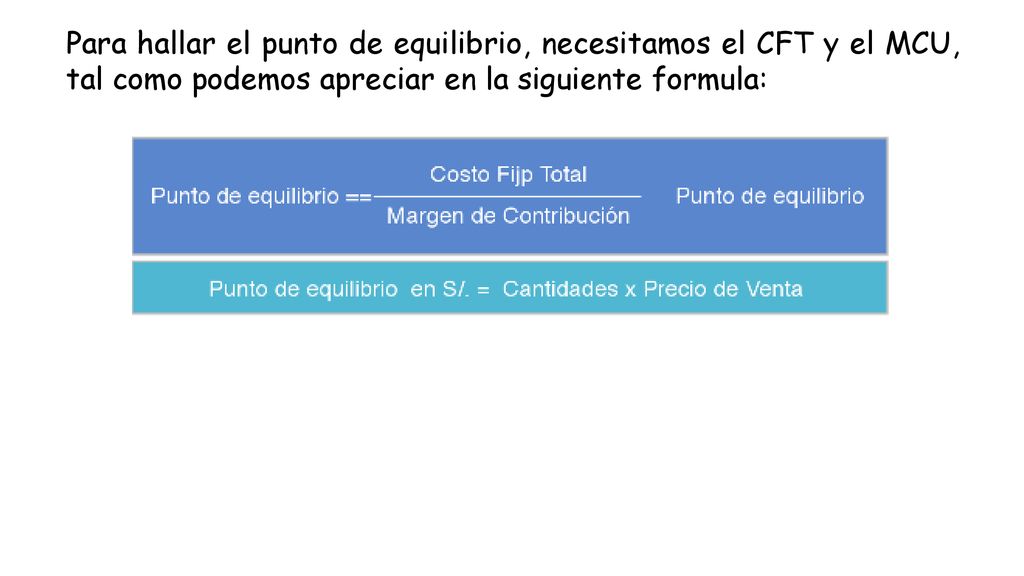 Para hallar el punto de equilibrio, necesitamos el CFT y el MCU, tal como podemos apreciar en la siguiente formula: