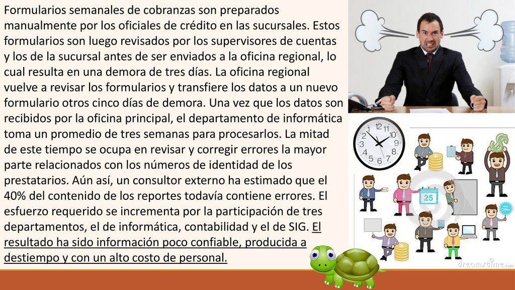 Formularios semanales de cobranzas son preparados manualmente por los oficiales de crédito en las sucursales.