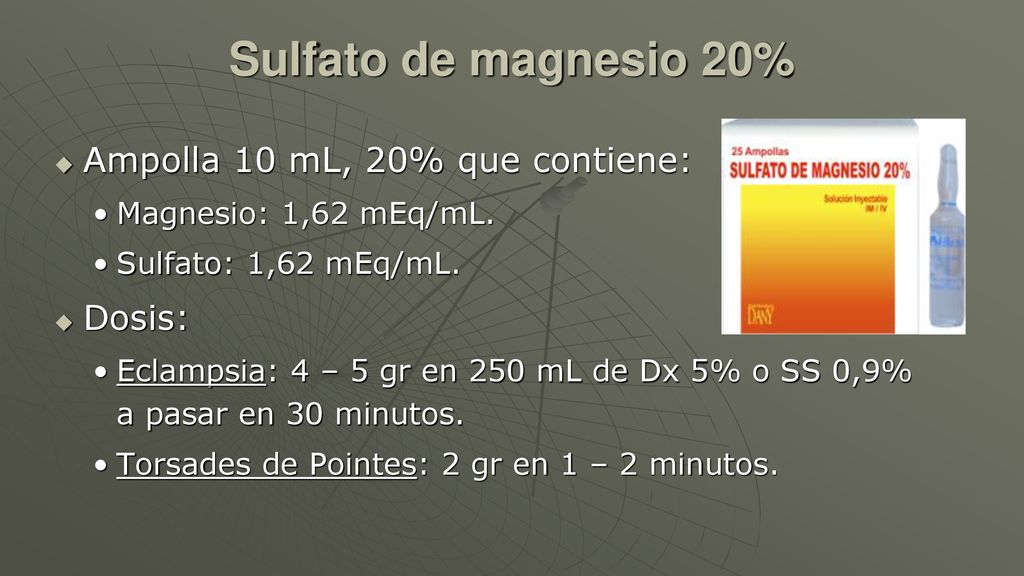 Sulfato de magnesio 20% Ampolla 10 mL, 20% que contiene: Dosis: