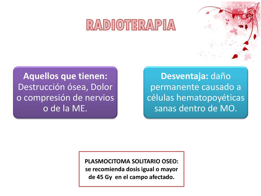 RADIOTERAPIA Aquellos que tienen: Destrucción ósea, Dolor o compresión de nervios o de la ME.