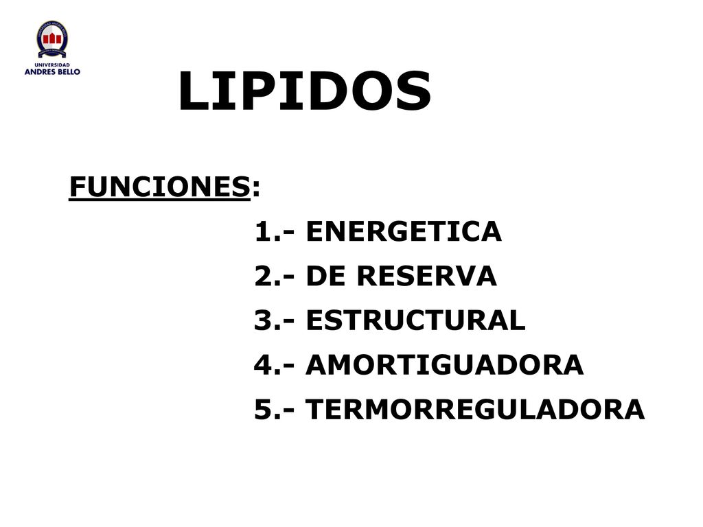 LIPIDOS FUNCIONES: 1.- ENERGETICA 2.- DE RESERVA 3.- ESTRUCTURAL 4.- AMORTIGUADORA 5.- TERMORREGULADORA
