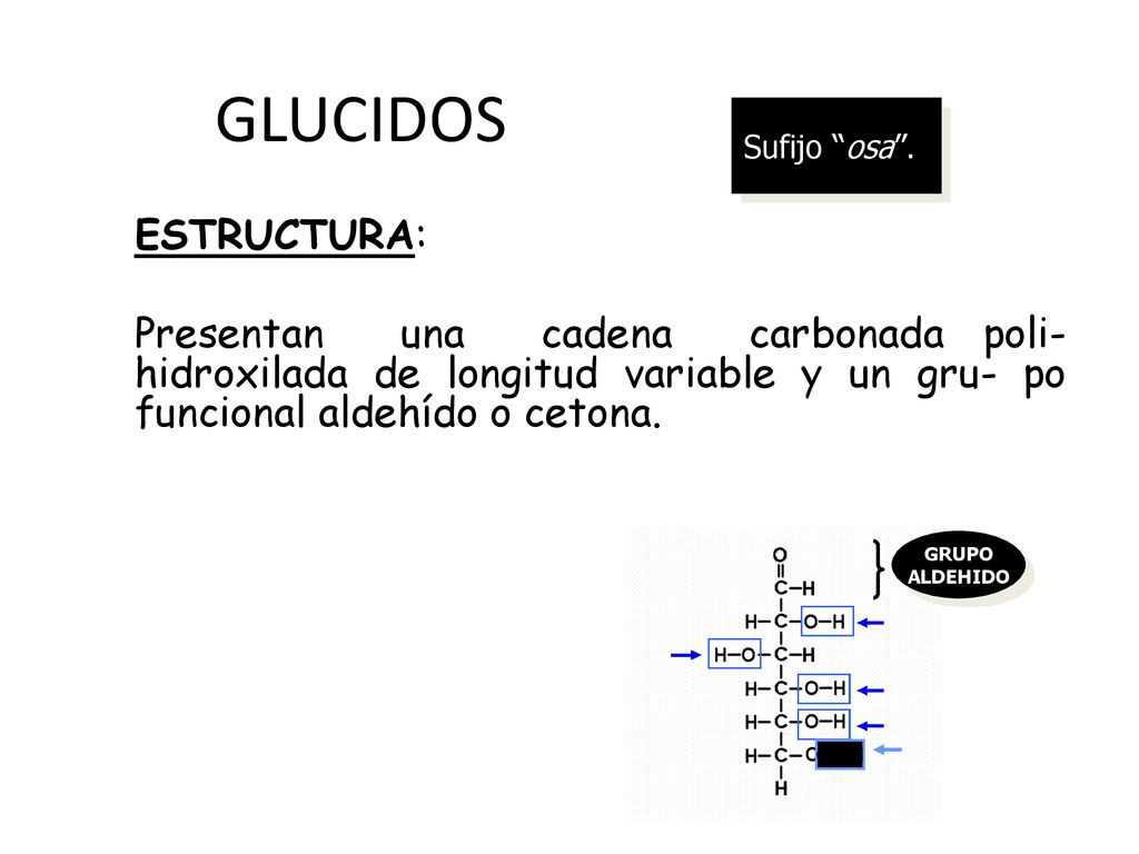GLUCIDOS Sufijo osa . ESTRUCTURA: Presentan una cadena carbonada poli- hidroxilada de longitud variable y un gru- po funcional aldehído o cetona.