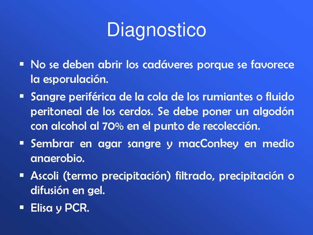 Diagnostico No se deben abrir los cadáveres porque se favorece la esporulación.
