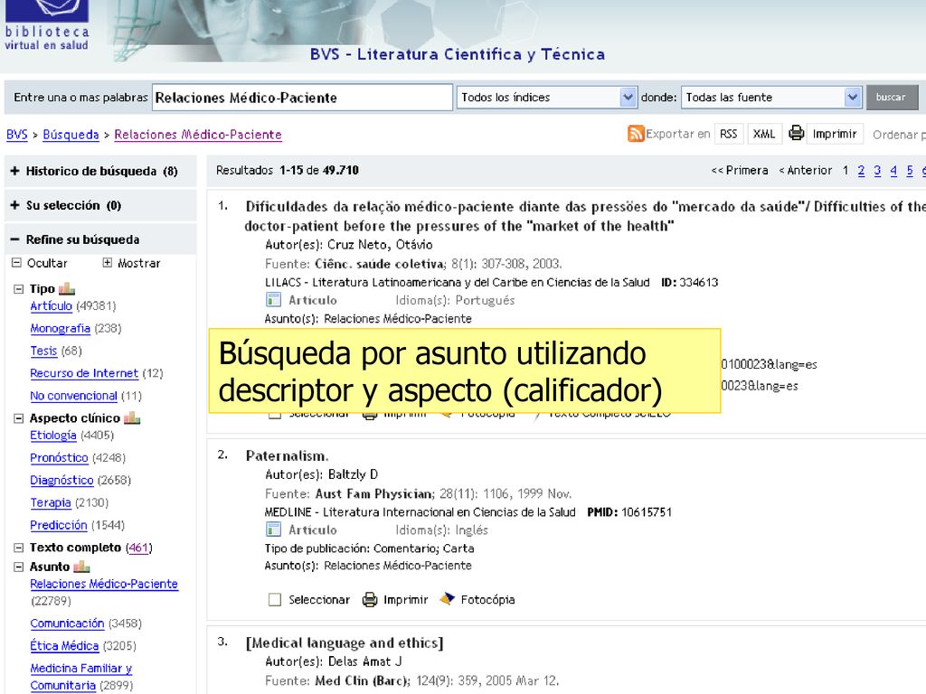 Búsqueda por asunto utilizando descriptor y aspecto (calificador)