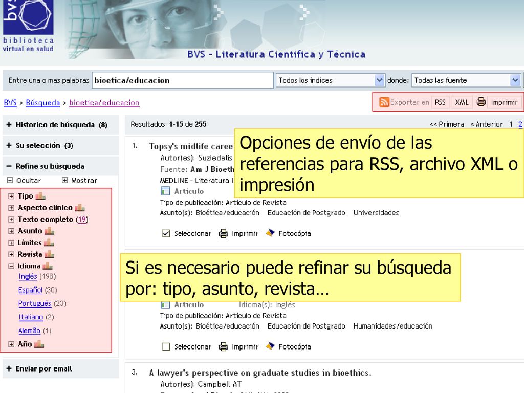 Opciones de envío de las referencias para RSS, archivo XML o impresión