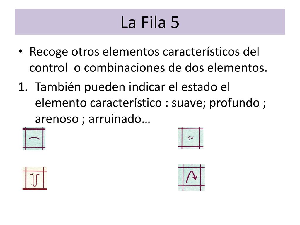 La Fila 5 Recoge otros elementos característicos del control o combinaciones de dos elementos.
