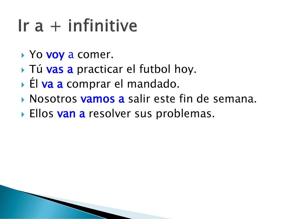 Ir a + infinitive Yo voy a comer. Tú vas a practicar el futbol hoy.