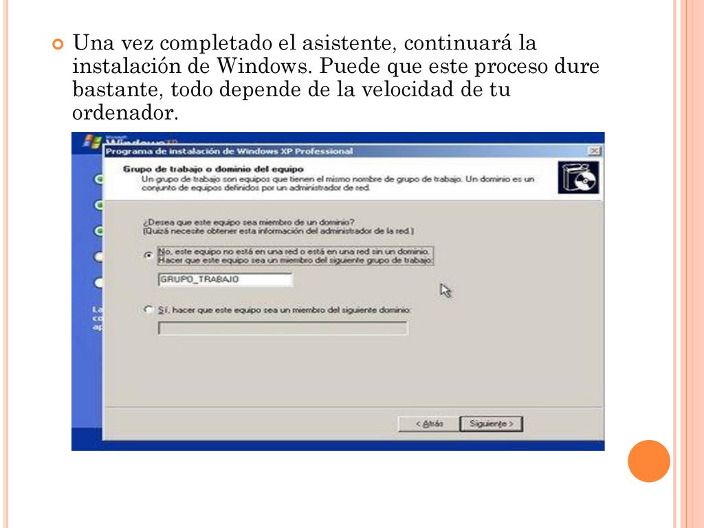 Una vez completado el asistente, continuará la instalación de Windows