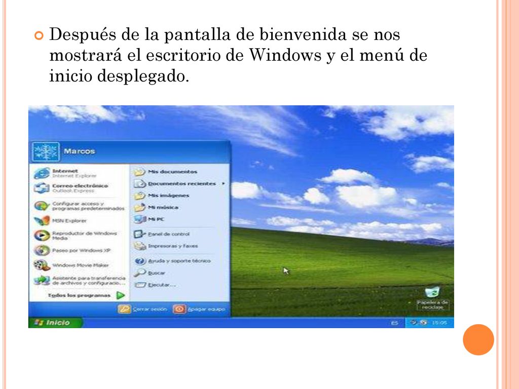 Después de la pantalla de bienvenida se nos mostrará el escritorio de Windows y el menú de inicio desplegado.