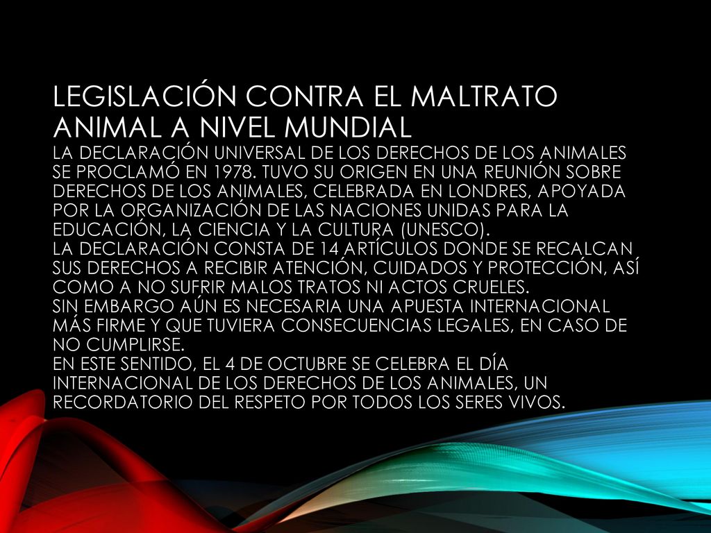 LEGISLACIÓN CONTRA EL MALTRATO ANIMAL A NIVEL MUNDIAL La Declaración Universal de los Derechos de los Animales se proclamó en 1978.
