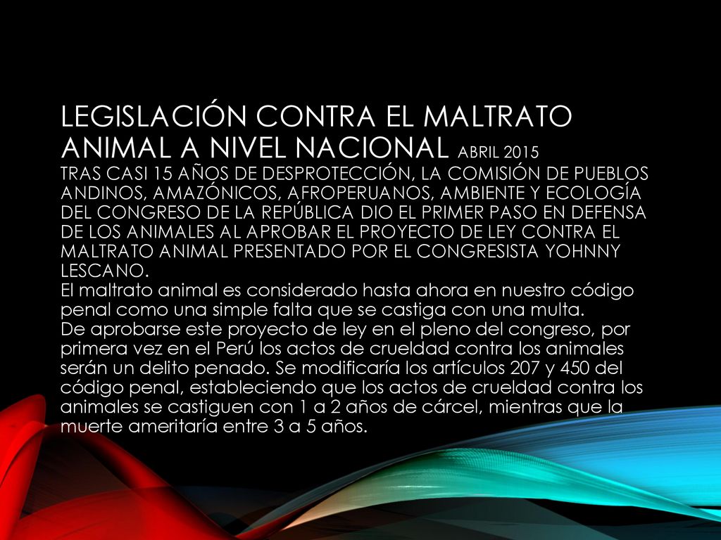 LEGISLACIÓN CONTRA EL MALTRATO ANIMAL A NIVEL NACIONAL Abril 2015 Tras casi 15 años de desprotección, la Comisión de Pueblos Andinos, Amazónicos, Afroperuanos, Ambiente y Ecología del Congreso de la República dio el primer paso en defensa de los animales al aprobar el proyecto de ley contra el maltrato animal presentado por el congresista Yohnny Lescano.