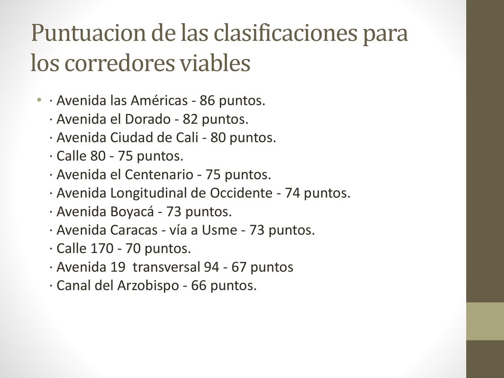 Puntuacion de las clasificaciones para los corredores viables