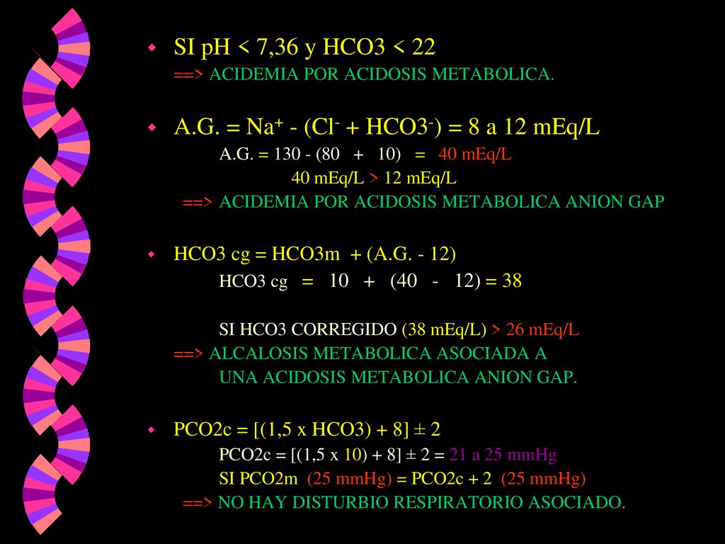 A.G. = Na+ - (Cl- + HCO3-) = 8 a 12 mEq/L