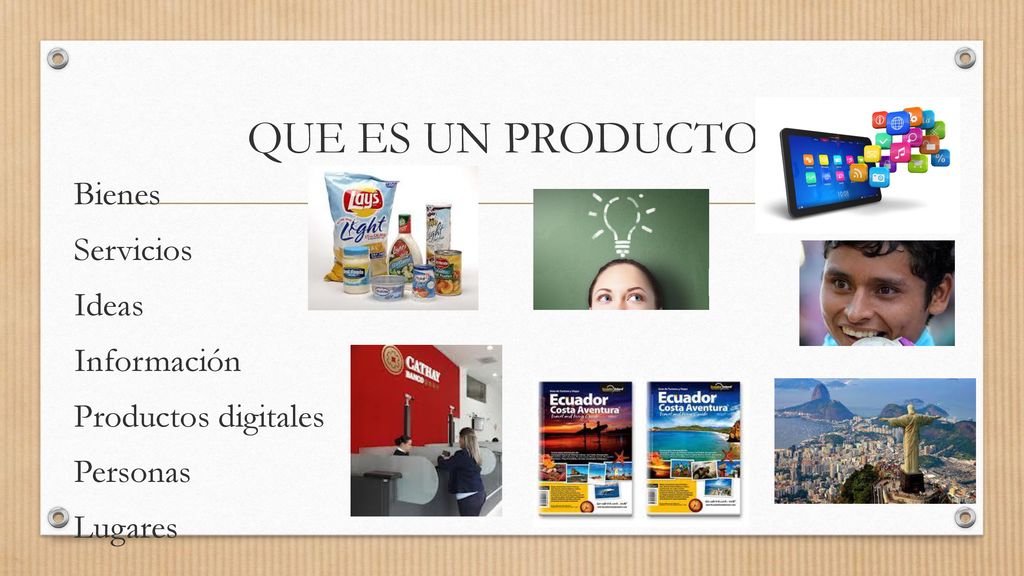 QUE ES UN PRODUCTO Bienes Servicios Ideas Información Productos digitales Personas Lugares