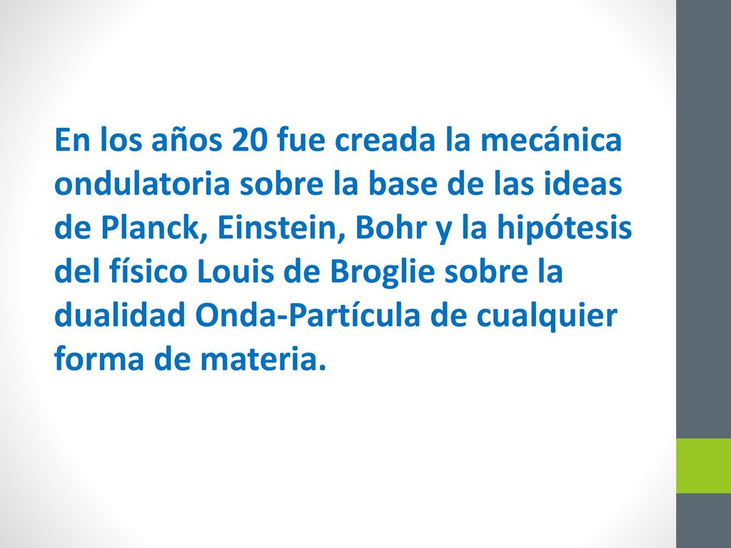 En los años 20 fue creada la mecánica ondulatoria sobre la base de las ideas de Planck, Einstein, Bohr y la hipótesis del físico Louis de Broglie sobre la dualidad Onda-Partícula de cualquier forma de materia.