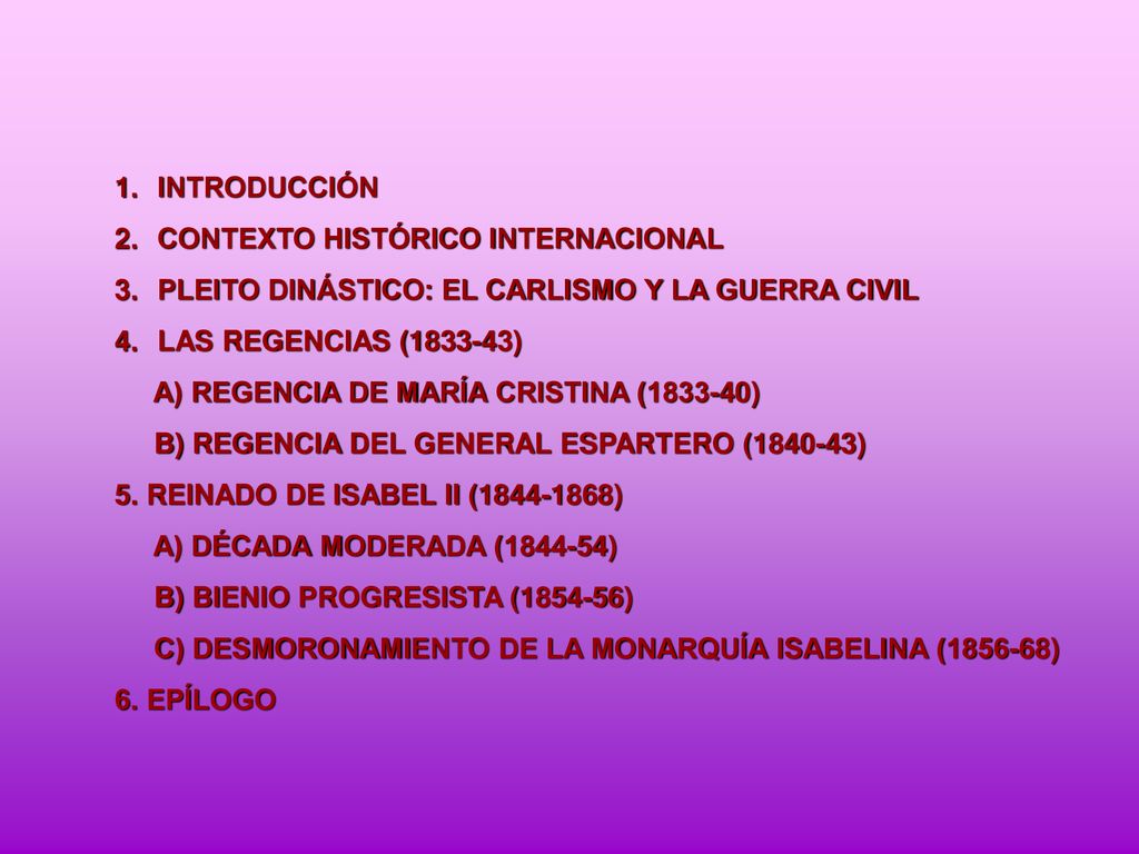 INTRODUCCIÓN CONTEXTO HISTÓRICO INTERNACIONAL. PLEITO DINÁSTICO: EL CARLISMO Y LA GUERRA CIVIL. LAS REGENCIAS ( )